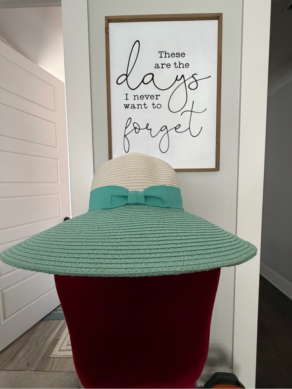 Wide-Brim Straw Sun Hat with Aqua Bow
